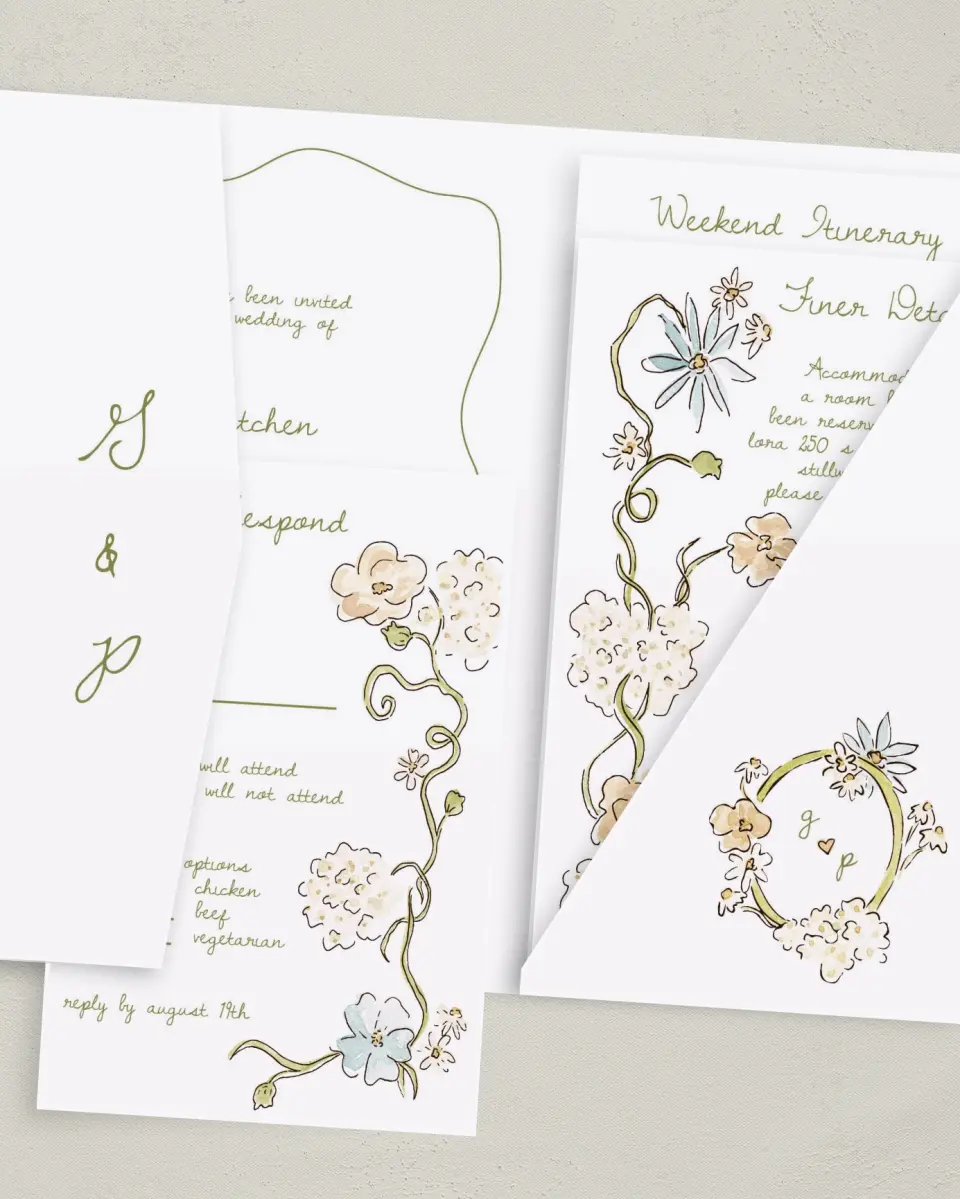 This is a 5" x 7⅞" Pocket Wedding Invitation called Soft Garden Vows printed in full color with Gold foil on Premium Smooth paper