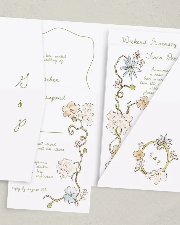 This is a 5" x 7⅞" Pocket Wedding Invitation called Soft Garden Vows printed in full color with Gold foil on Premium Smooth paper