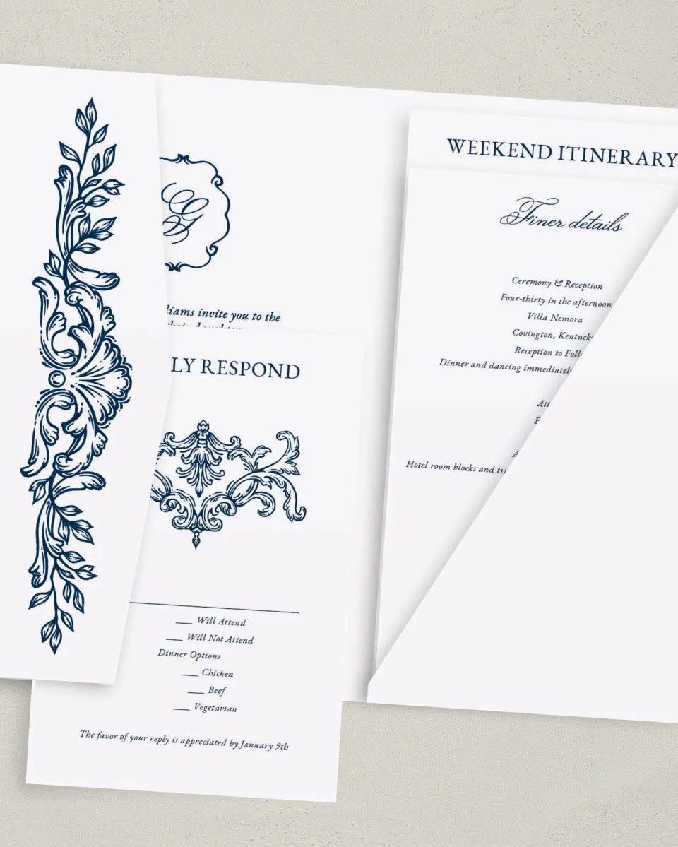 This is a 5" x 7⅞" Pocket Wedding Invitation called Heirloom Crest printed in full color with Gold foil on Premium Smooth paper