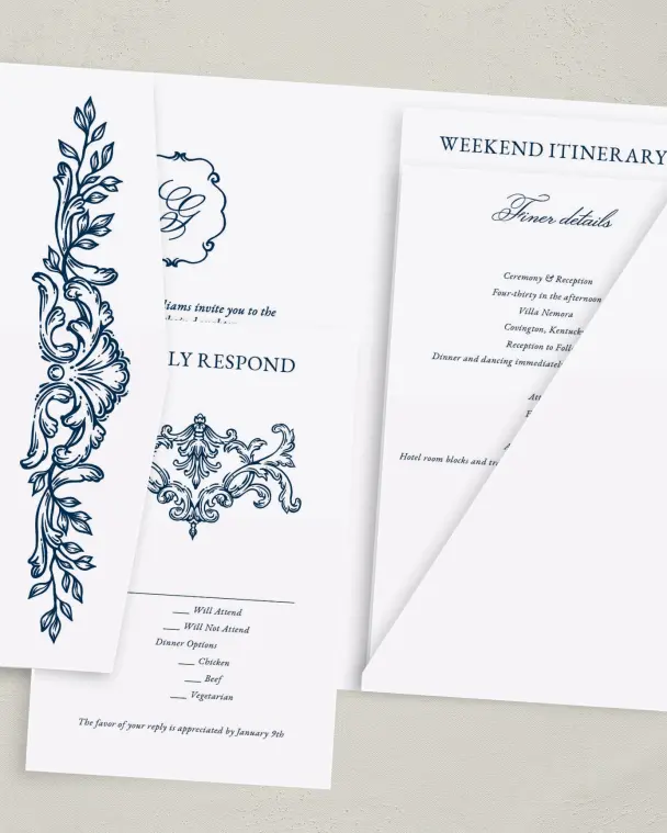 This is a 5" x 7⅞" Pocket Wedding Invitation called Heirloom Crest printed in full color with Gold foil on Premium Smooth paper