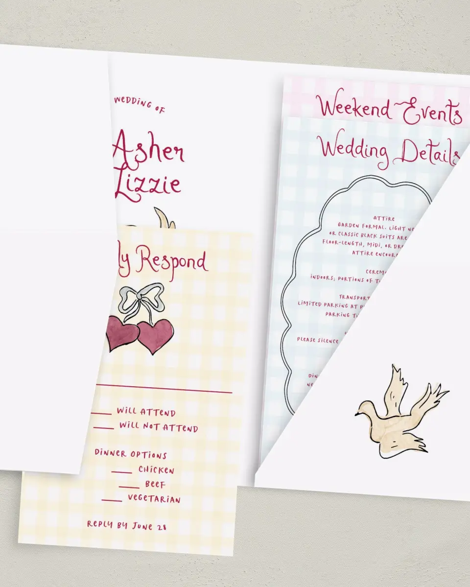 This is a 5" x 7⅞" Pocket Wedding Invitation called Love Dove printed in full color with Gold foil on Premium Smooth paper