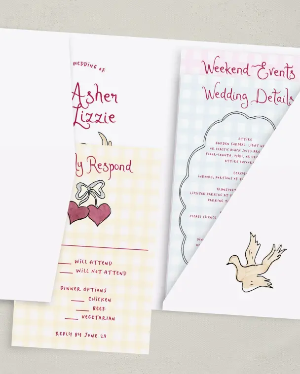 This is a 5" x 7⅞" Pocket Wedding Invitation called Love Dove printed in full color with Gold foil on Premium Smooth paper