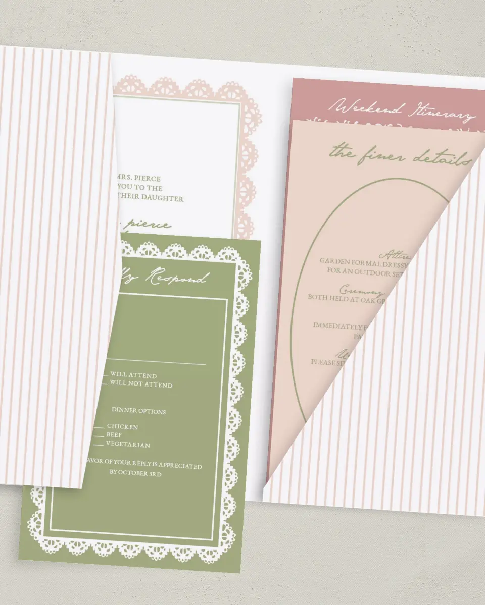 This is a 5" x 7⅞" Pocket Wedding Invitation called Verdant Romance printed in full color with Gold foil on Premium Smooth paper