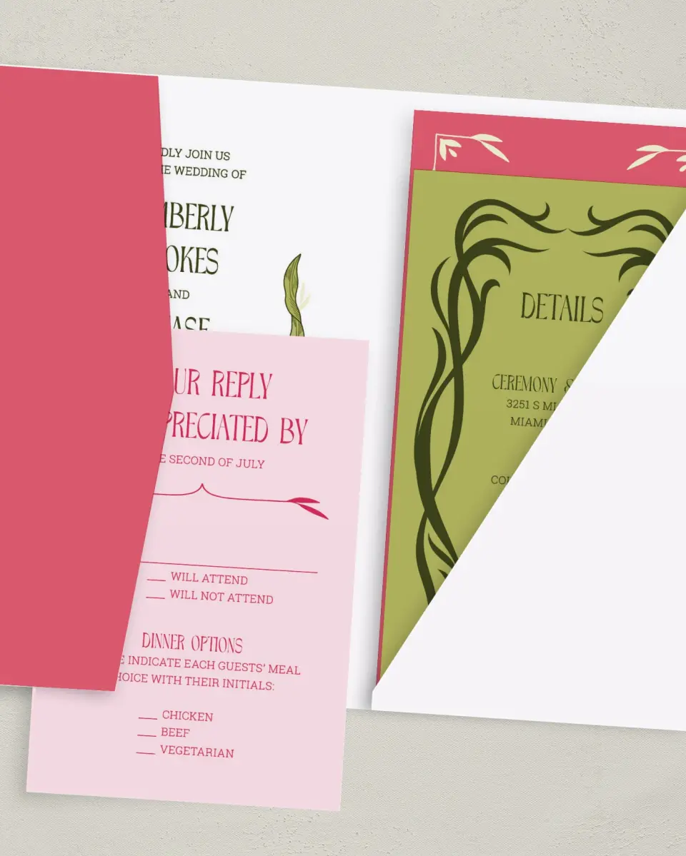 This is a 5" x 7⅞" Pocket Wedding Invitation called Nouveau Romance printed in full color with Gold foil on Premium Smooth paper