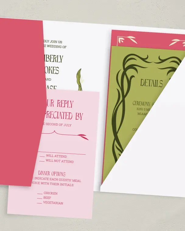 This is a 5" x 7⅞" Pocket Wedding Invitation called Nouveau Romance printed in full color with Gold foil on Premium Smooth paper