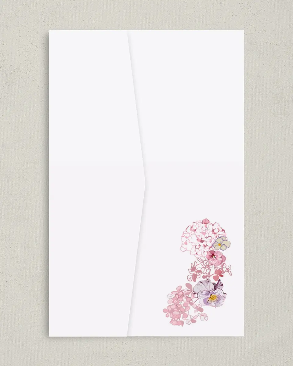 This is a 5" x 7⅞" Pocket Wedding Invitation called Blushing Whimsy printed in full color with Gold foil on Premium Smooth paper
