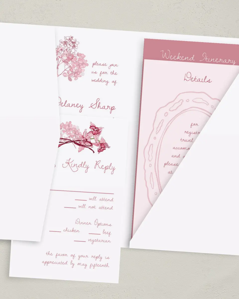 This is a 5" x 7⅞" Pocket Wedding Invitation called Blushing Whimsy printed in full color with Gold foil on Premium Smooth paper