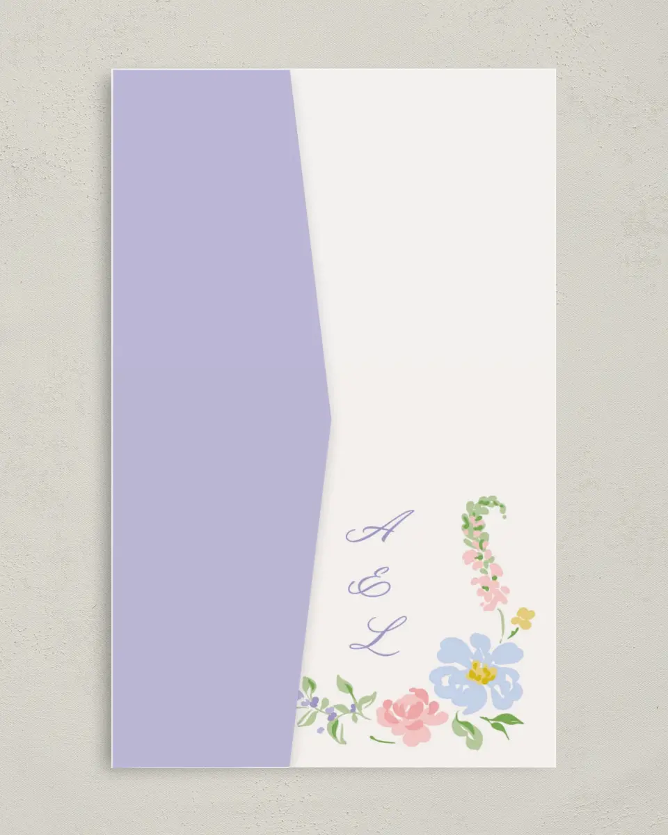 This is a 5" x 7⅞" Pocket Wedding Invitation called Gentle Garden printed in full color with Gold foil on Premium Smooth paper