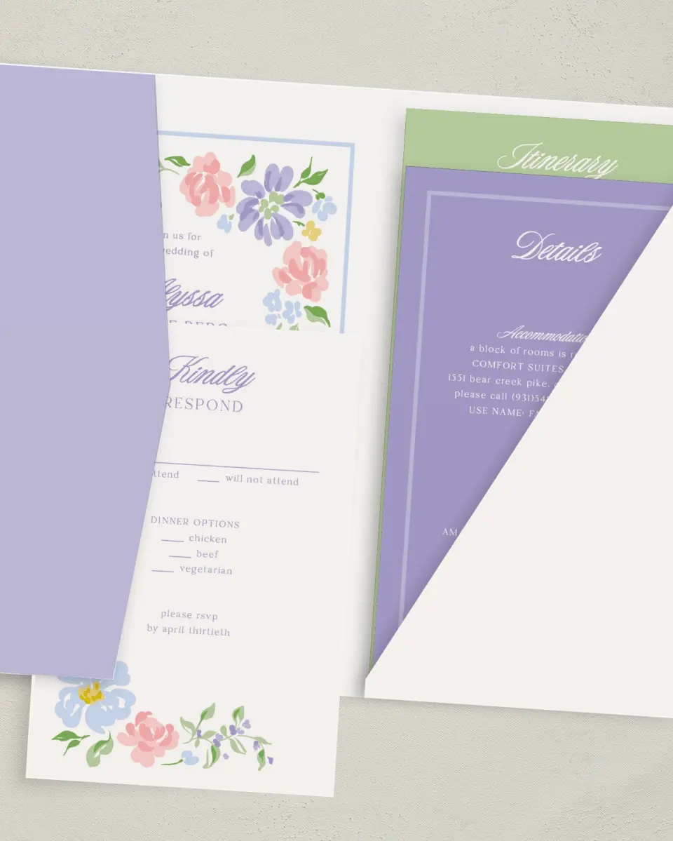 This is a 5" x 7⅞" Pocket Wedding Invitation called Gentle Garden printed in full color with Gold foil on Premium Smooth paper