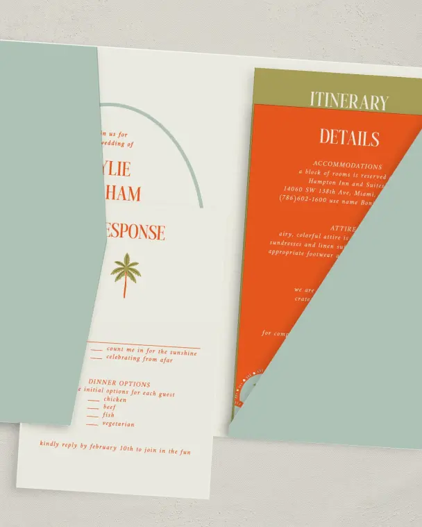 This is a 5" x 7⅞" Pocket Wedding Invitation called Tropical Treasure printed in full color with Gold foil on Premium Smooth paper