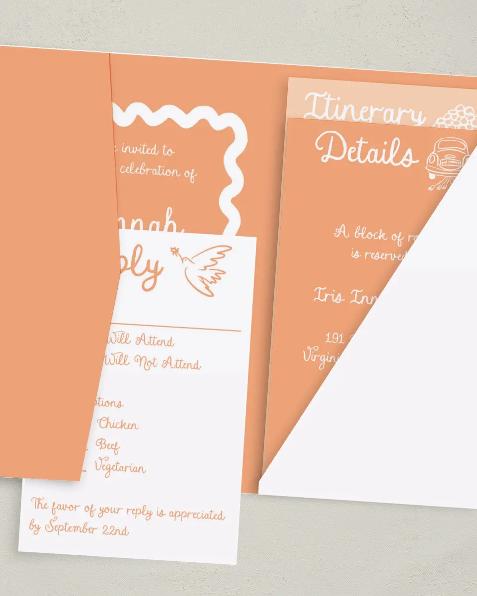 This is a 5" x 7⅞" Pocket Wedding Invitation called Wavy Love printed in full color with Gold foil on Premium Smooth paper