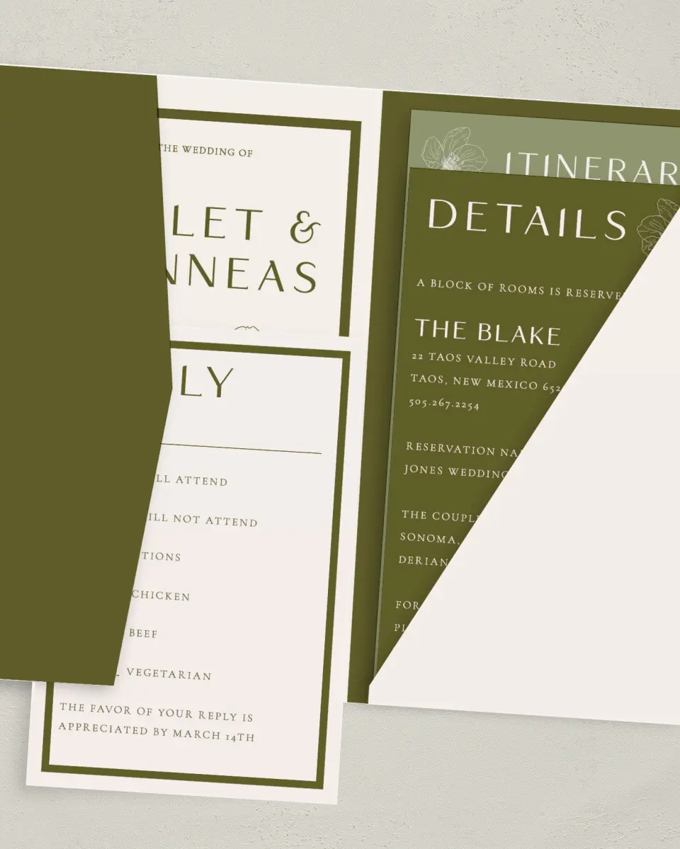 This is a 5" x 7⅞" Pocket Wedding Invitation called Delicate Love printed in full color with Gold foil on Premium Smooth paper