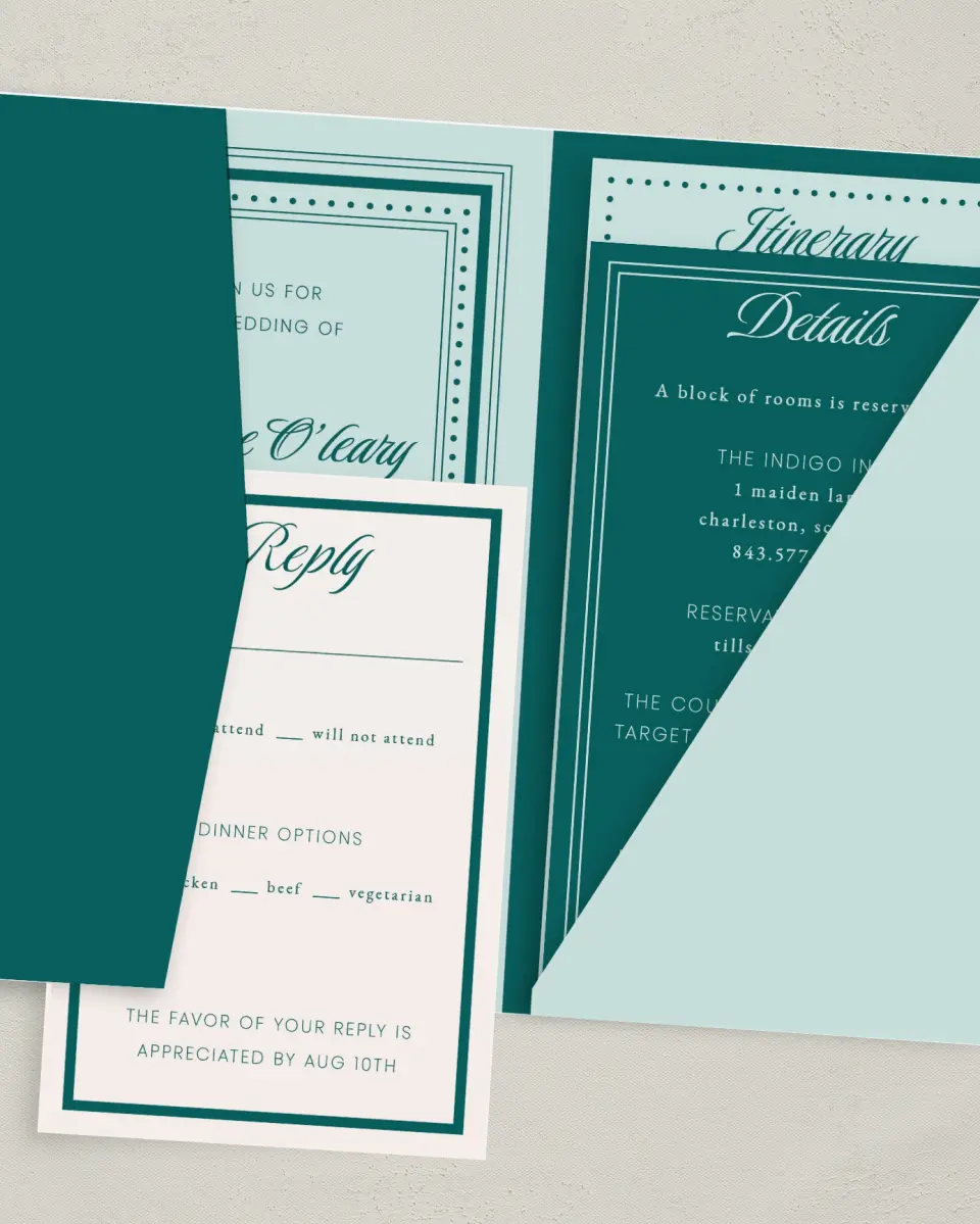 This is a 5" x 7⅞" Pocket Wedding Invitation called Faithful Frame printed in full color with Gold foil on Premium Smooth paper