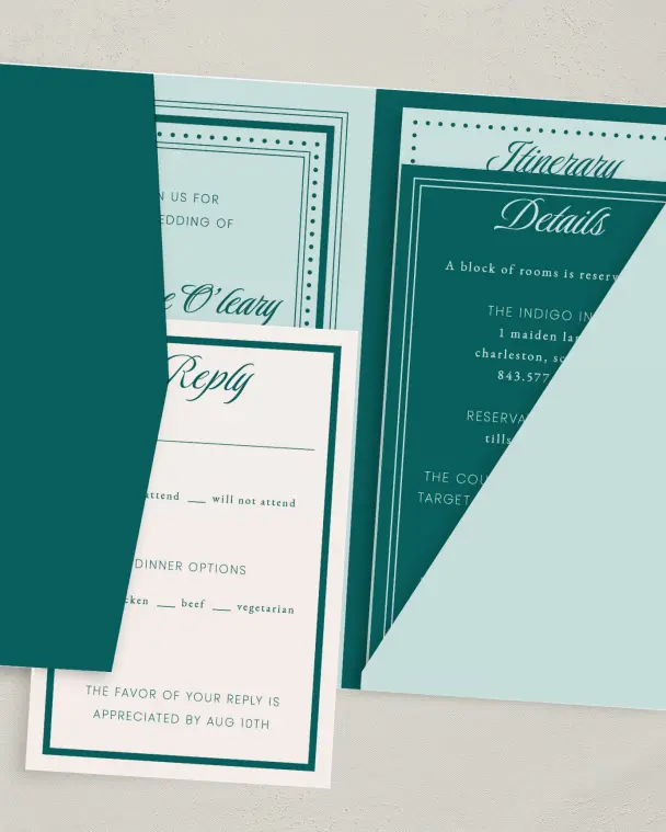 This is a 5" x 7⅞" Pocket Wedding Invitation called Faithful Frame printed in full color with Gold foil on Premium Smooth paper