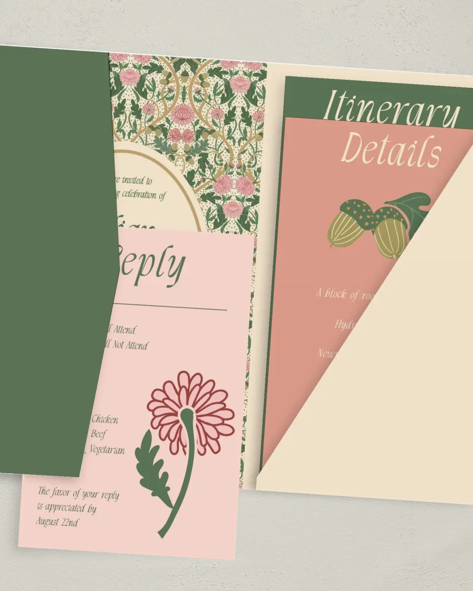 This is a 5" x 7⅞" Pocket Wedding Invitation called Regal Garden printed in full color with Rose Gold foil on Luxe Satin (coated) paper