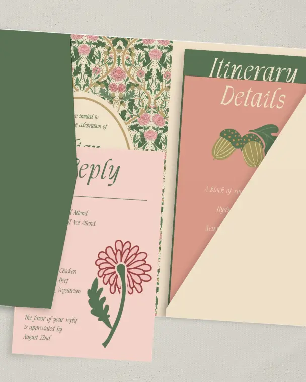 This is a 5" x 7⅞" Pocket Wedding Invitation called Regal Garden printed in full color with Gold foil on Premium Smooth paper