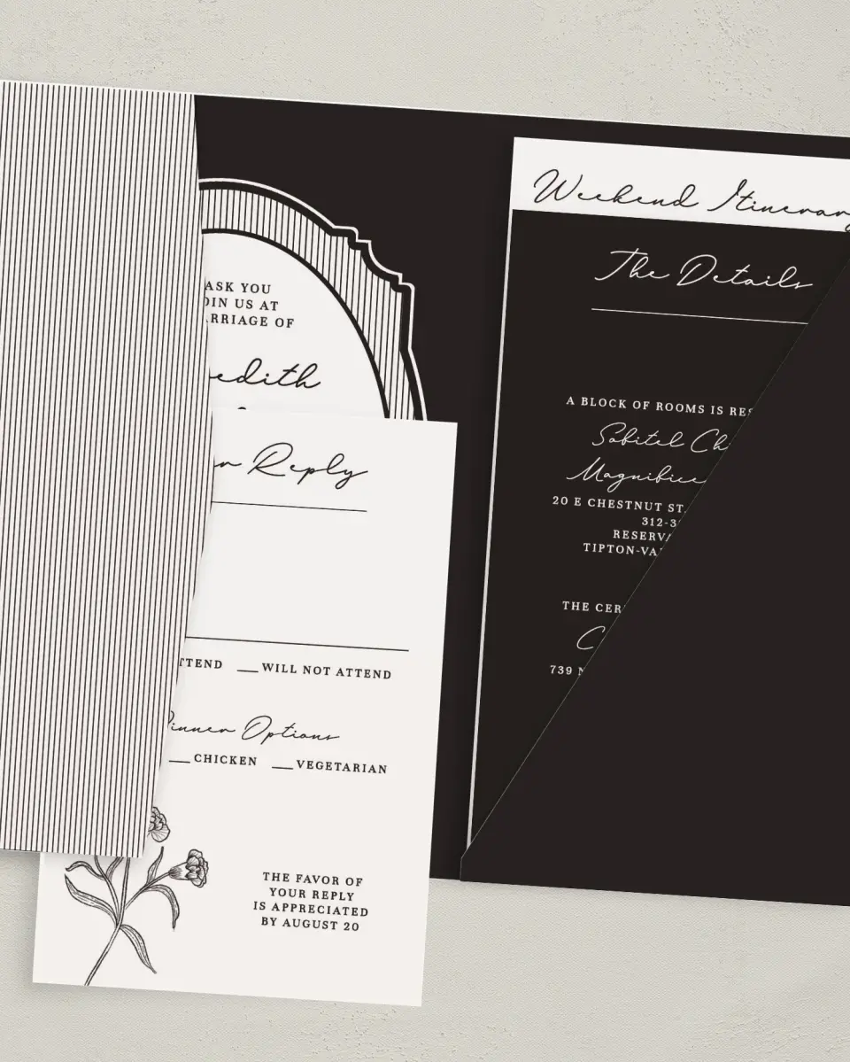 This is a 5" x 7⅞" Pocket Wedding Invitation called Opulent Endearment printed in full color with Gold foil on Premium Smooth paper