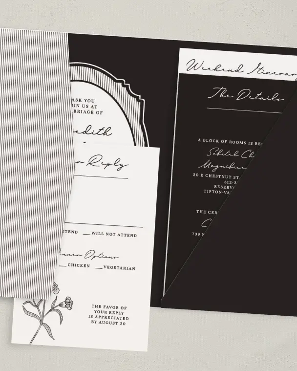 This is a 5" x 7⅞" Pocket Wedding Invitation called Opulent Endearment printed in full color with Gold foil on Premium Smooth paper