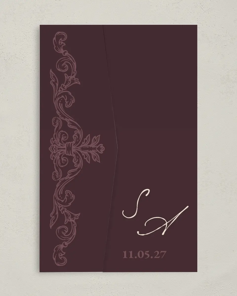 This is a 5" x 7⅞" Pocket Wedding Invitation called Victorian Aura printed in full color with Gold foil on Premium Smooth paper