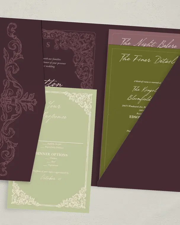 This is a 5" x 7⅞" Pocket Wedding Invitation called Victorian Aura printed in full color with Gold foil on Premium Smooth paper