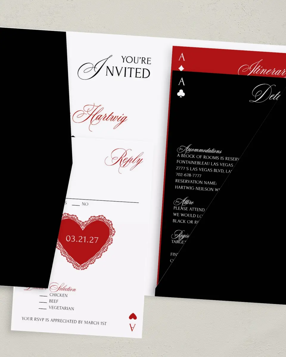 This is a 5" x 7⅞" Pocket Wedding Invitation called Elevated Vegas printed in full color with Gold foil on Premium Smooth paper