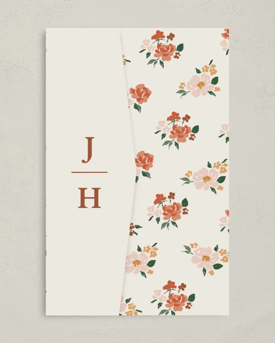 This is a 5" x 7⅞" Pocket Wedding Invitation called Plush Petals printed in full color with Gold foil on Premium Smooth paper