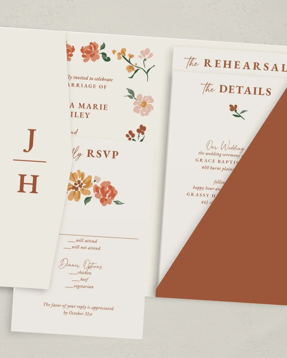 This is a 5" x 7⅞" Pocket Wedding Invitation called Plush Petals printed in full color with Gold foil on Premium Smooth paper