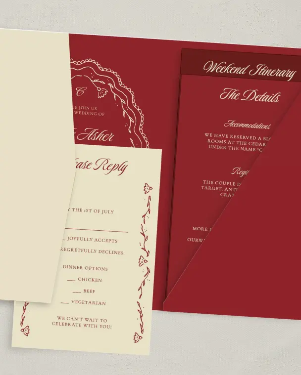 This is a 5" x 7⅞" Pocket Wedding Invitation called Bloom & Crest printed in full color with Gold foil on Premium Smooth paper