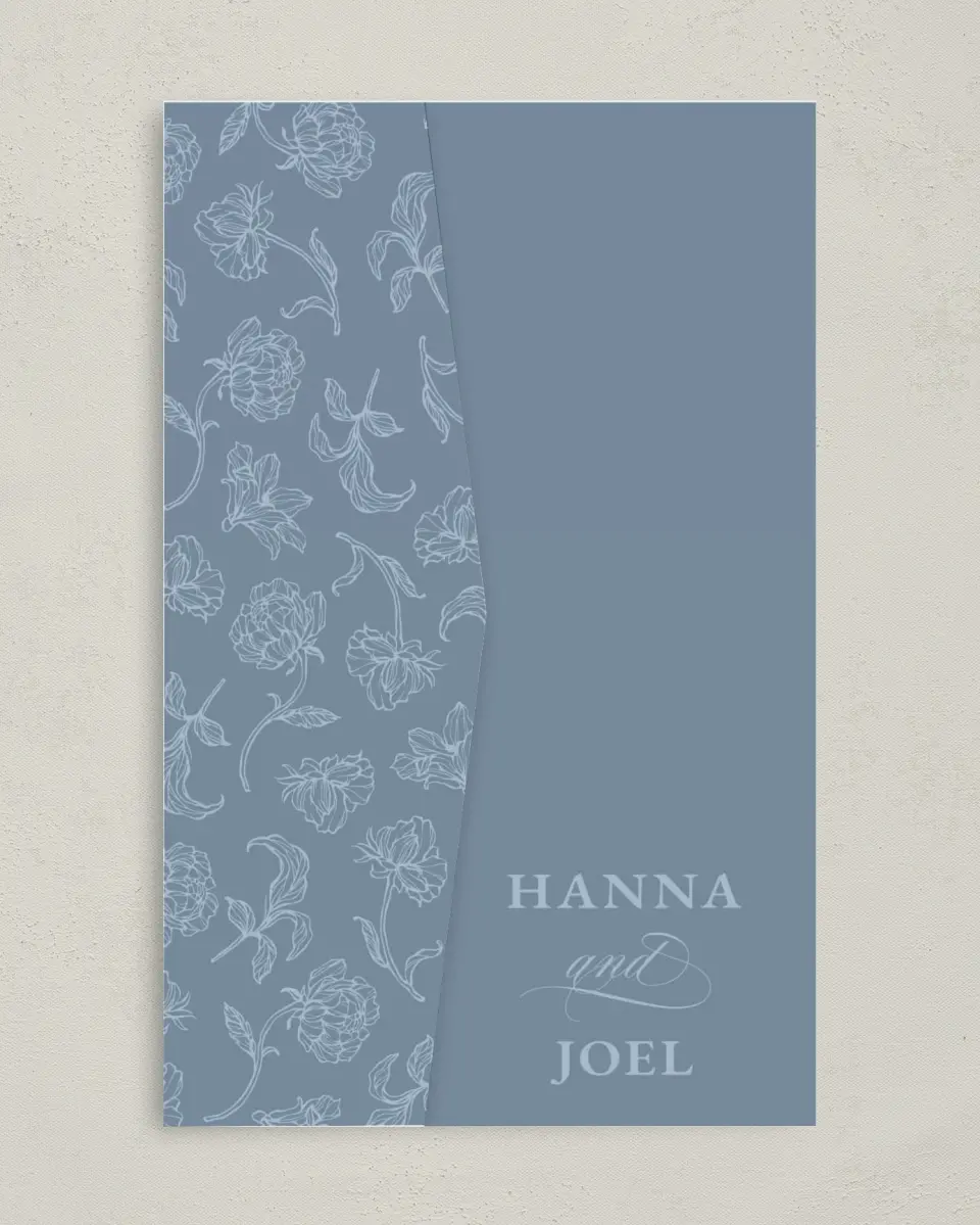 This is a 5" x 7⅞" Pocket Wedding Invitation called Pressed Petals printed in full color with Gold foil on Premium Smooth paper