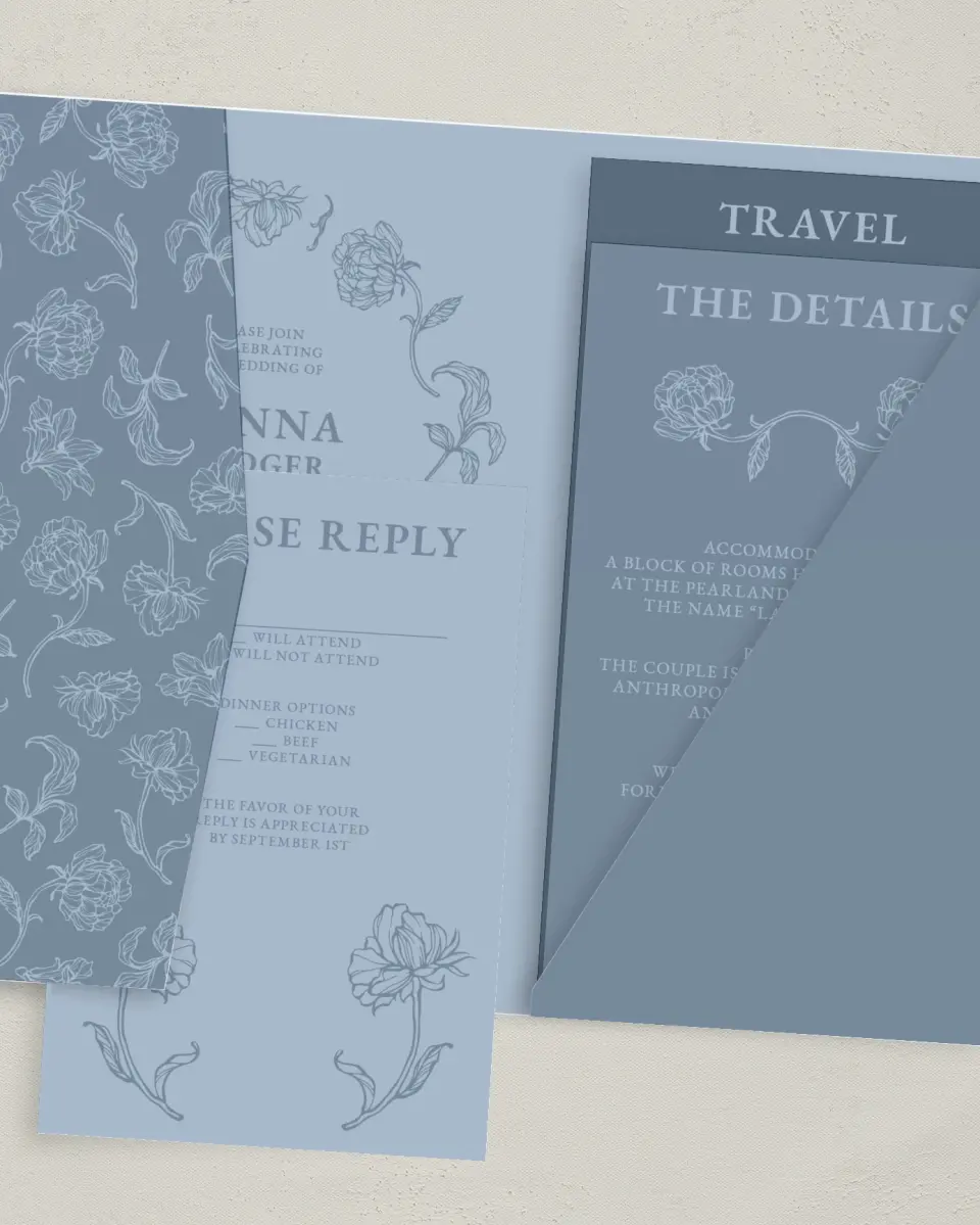 This is a 5" x 7⅞" Pocket Wedding Invitation called Pressed Petals printed in full color with Gold foil on Premium Smooth paper