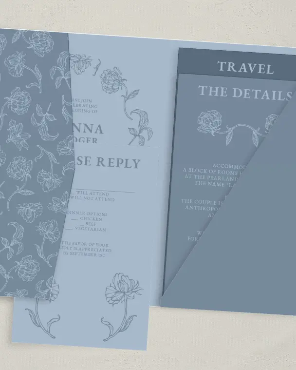 This is a 5" x 7⅞" Pocket Wedding Invitation called Pressed Petals printed in full color with Gold foil on Premium Smooth paper