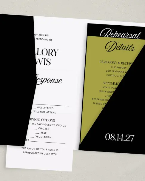 This is a 5" x 7⅞" Pocket Wedding Invitation called The Mallory printed in full color on Premium Smooth paper