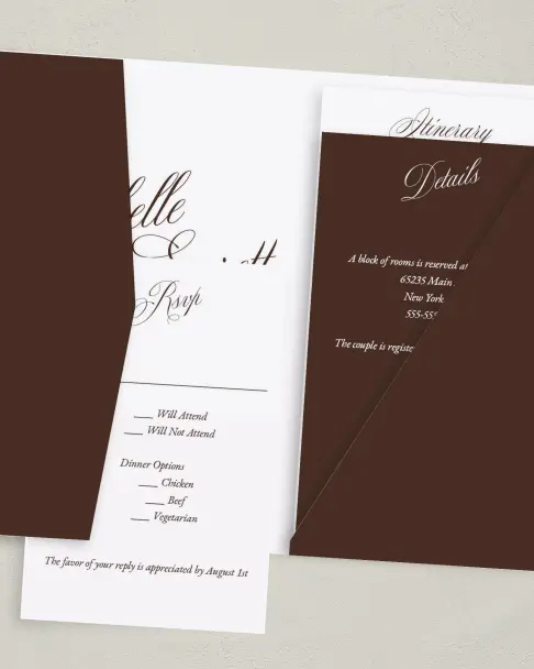 This is a 5" x 7⅞" Pocket Wedding Invitation called The Isabelle printed in full color on Premium Smooth paper
