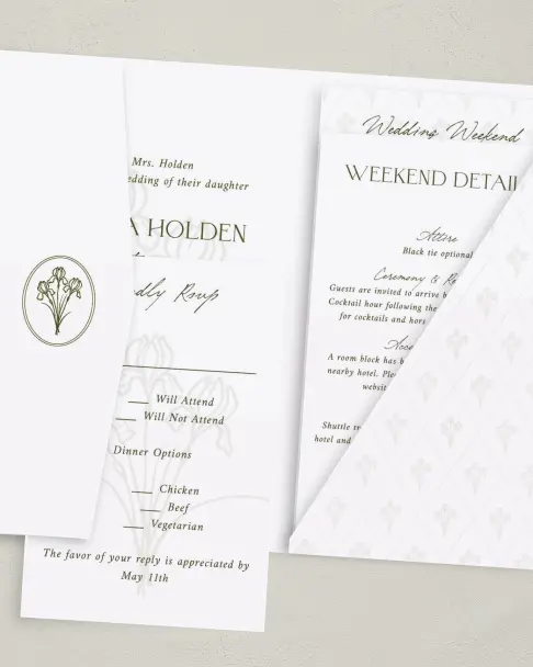 This is a 5" x 7⅞" Pocket Wedding Invitation called The Georgia printed in full color on Premium Smooth paper