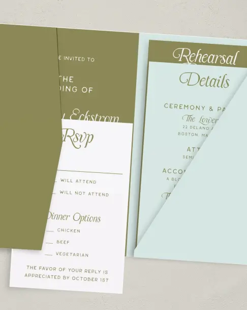 This is a 5" x 7⅞" Pocket Wedding Invitation called The Rosemary printed in full color on Premium Smooth paper
