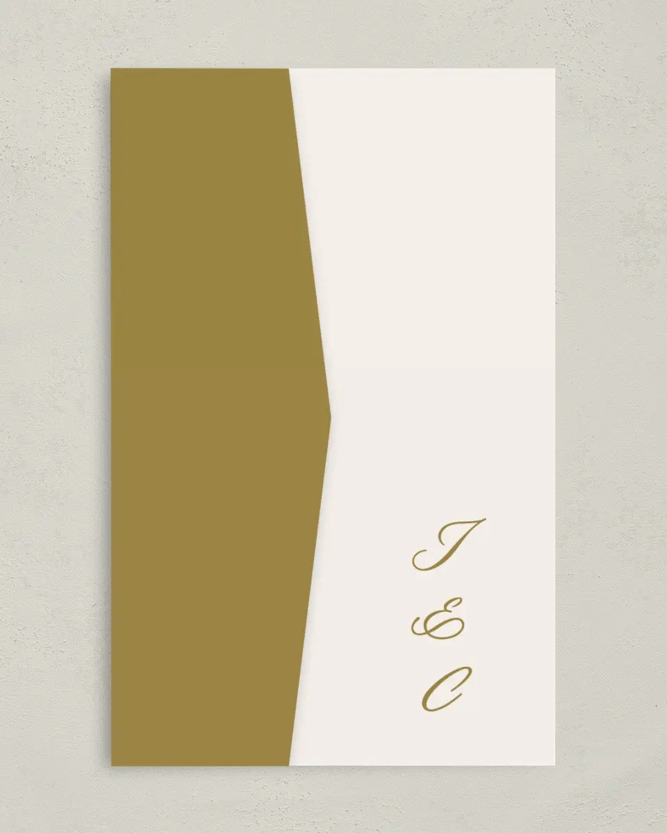 This is a 5" x 7⅞" Pocket Wedding Invitation called The Jillian printed in full color with Gold foil on Luxe Satin (coated) paper