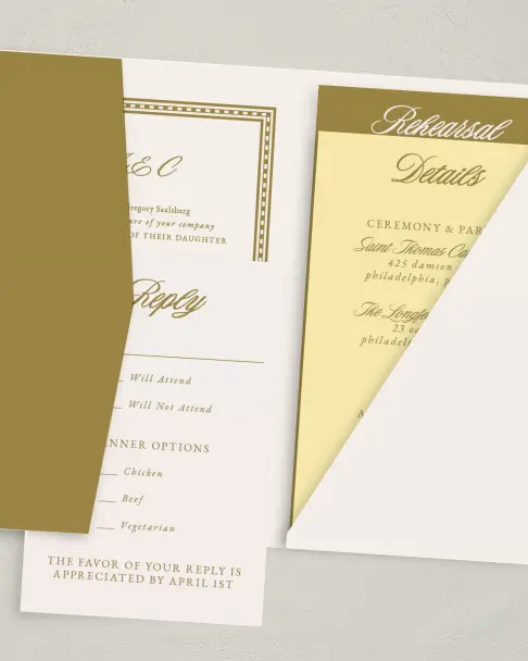 This is a 5" x 7⅞" Pocket Wedding Invitation called The Jillian printed in full color on Premium Smooth paper