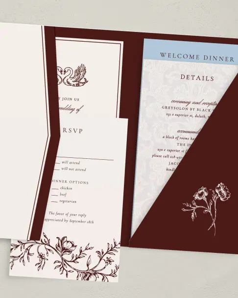 This is a 5" x 7⅞" Pocket Wedding Invitation called Swan Song printed in full color on Premium Smooth paper