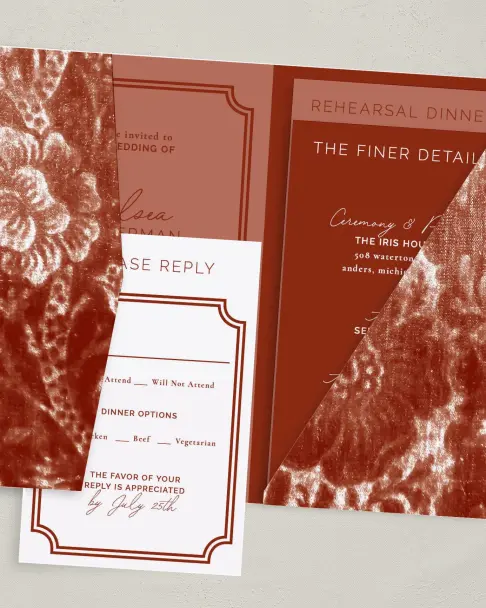 This is a 5" x 7⅞" Pocket Wedding Invitation called The Chelsea printed in full color on Premium Smooth paper