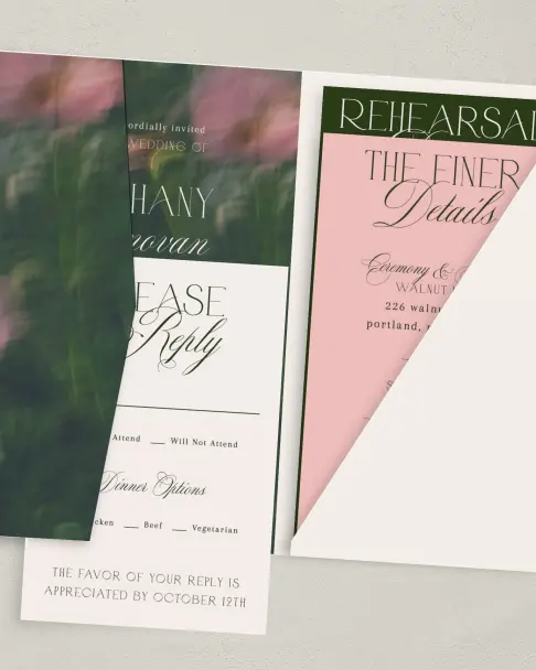 This is a 5" x 7⅞" Pocket Wedding Invitation called The Bethany printed in full color on Premium Smooth paper