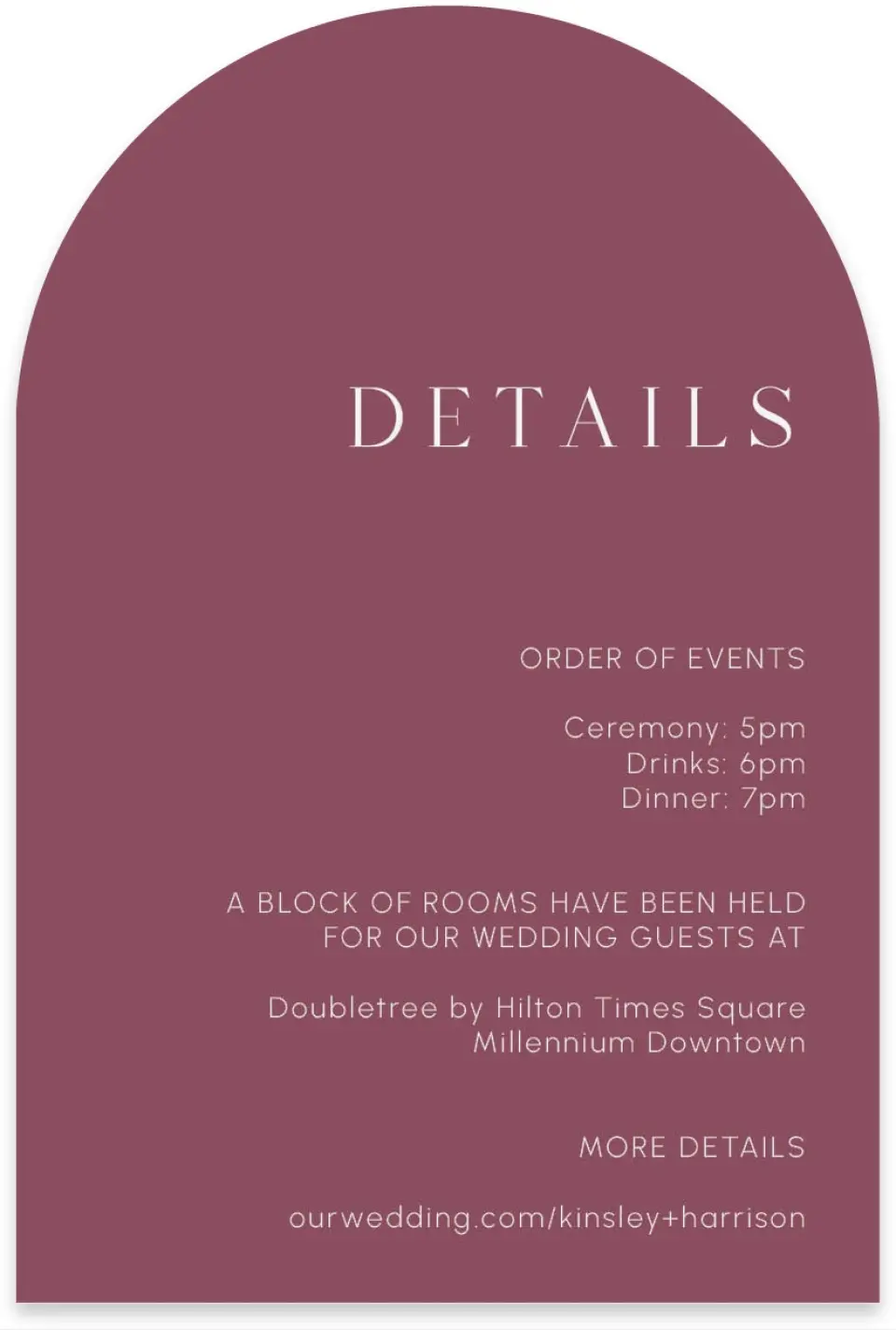 This is a 4" x 6" Wedding Invitation Enclosure Card called The Kinsley printed in full color on Luxe Satin paper