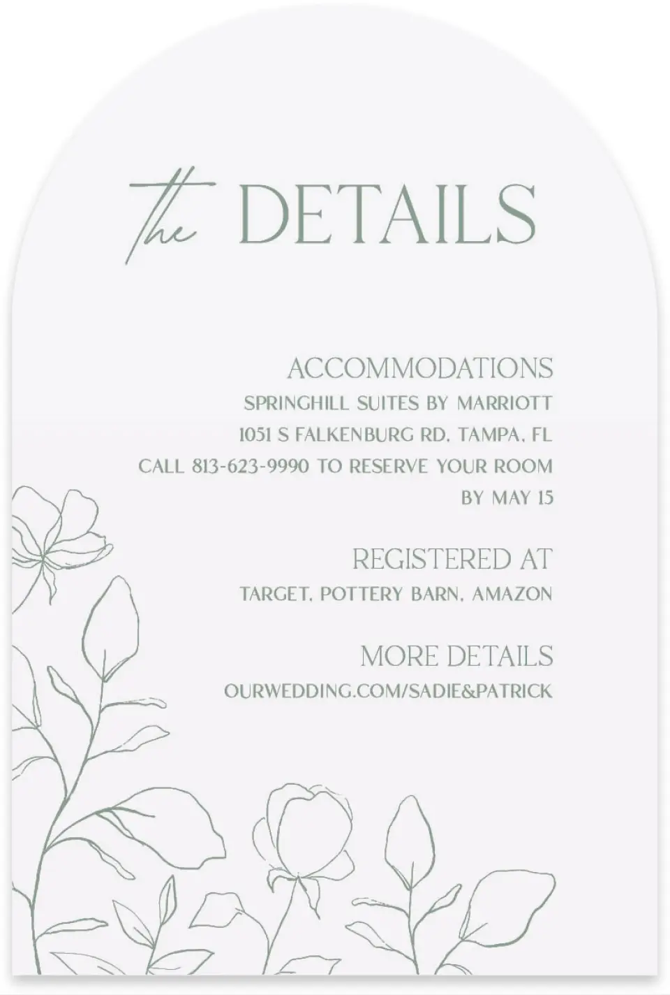 This is a 4" x 6" Wedding Invitation Enclosure Card called The Sadie printed in full color with Silver foil on Luxe Satin paper