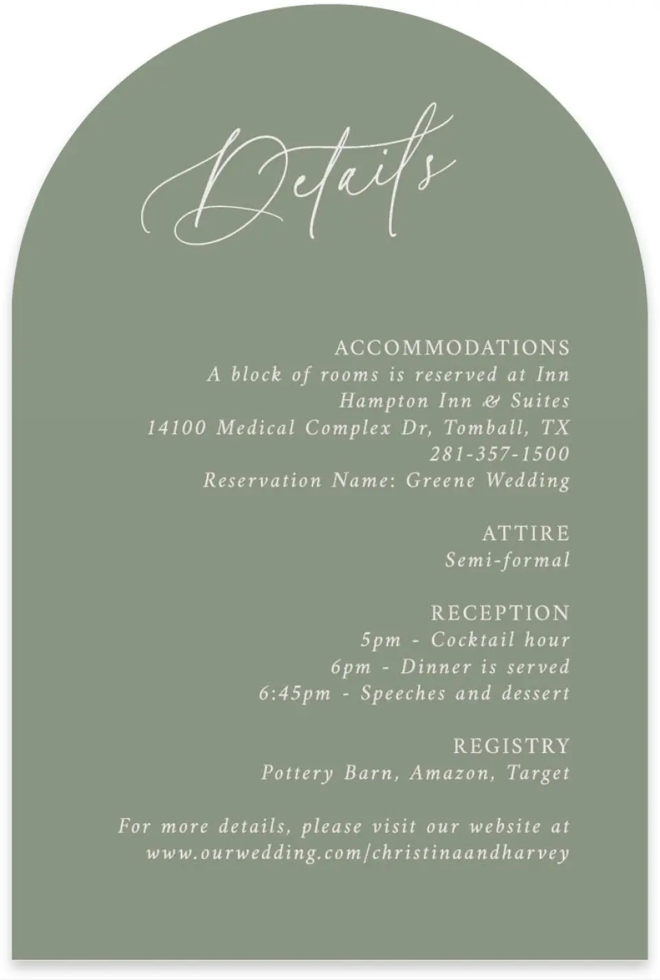 This is a 4" x 6" Wedding Invitation Enclosure Card called The Christina printed in full color on Luxe Satin paper