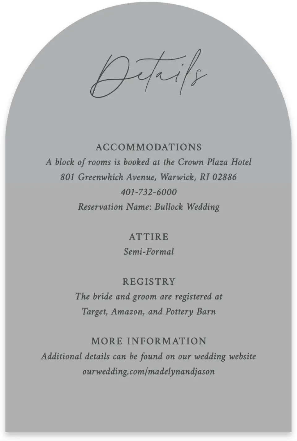This is a 4" x 6" Wedding Invitation Enclosure Card called The Madelyn printed in full color on Luxe Satin paper