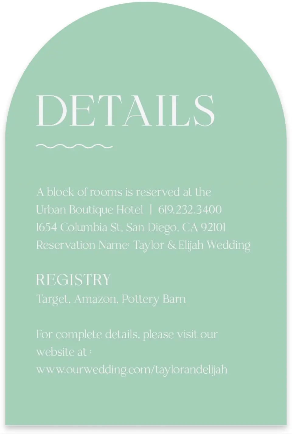 This is a 4" x 6" Wedding Invitation Enclosure Card called The Taylor printed in full color on Luxe Satin paper