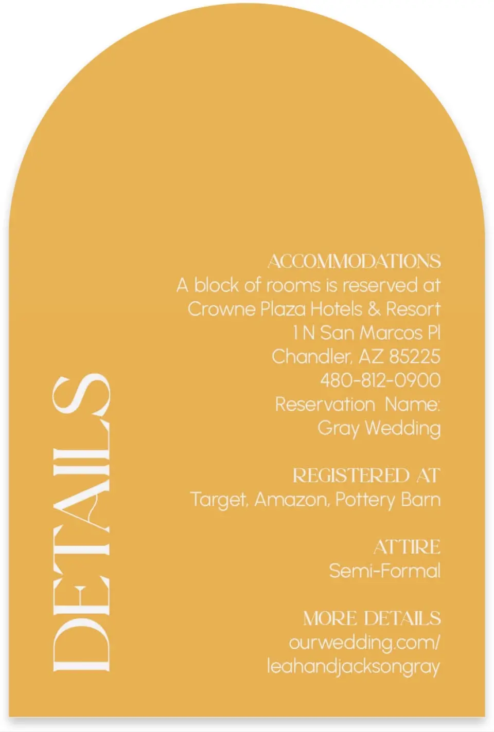 This is a 4" x 6" Wedding Invitation Enclosure Card called The Leah printed in full color on Luxe Satin paper