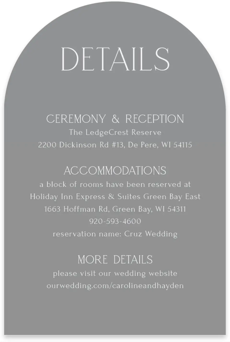 This is a 4" x 6" Wedding Invitation Enclosure Card called The Caroline printed in full color with Rose Gold foil on Luxe Satin paper