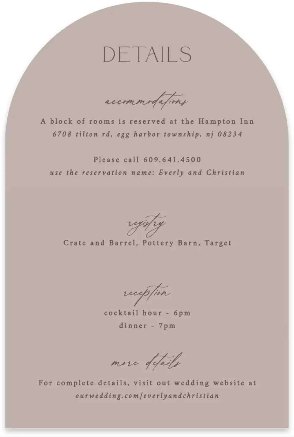 This is a 4" x 6" Wedding Invitation Enclosure Card called The Everly printed in full color on Luxe Satin paper