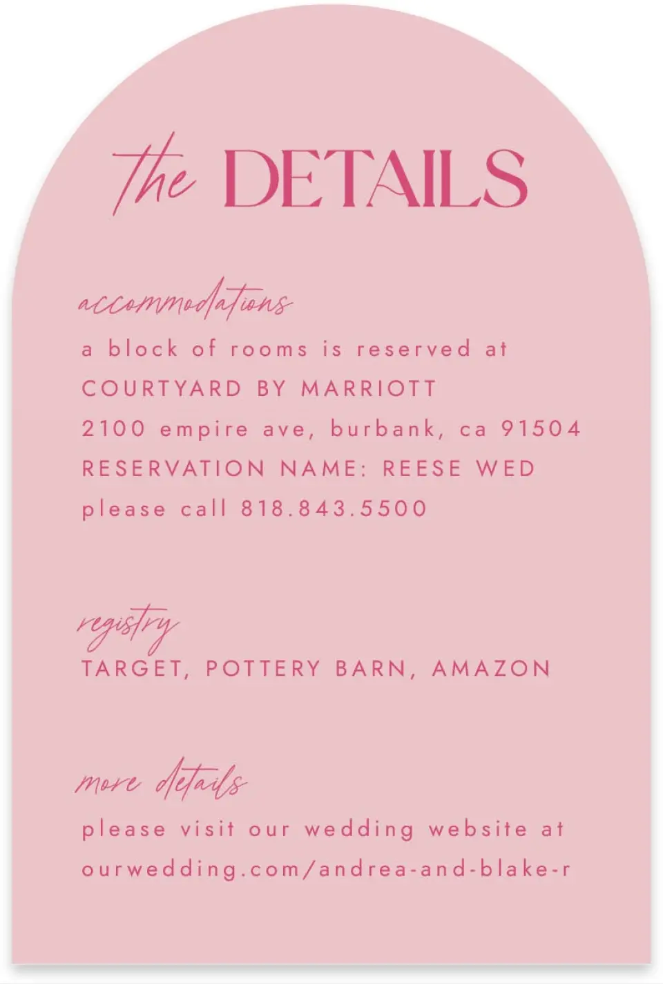 This is a 4" x 6" Wedding Invitation Enclosure Card called The Andrea printed in full color on Luxe Satin paper