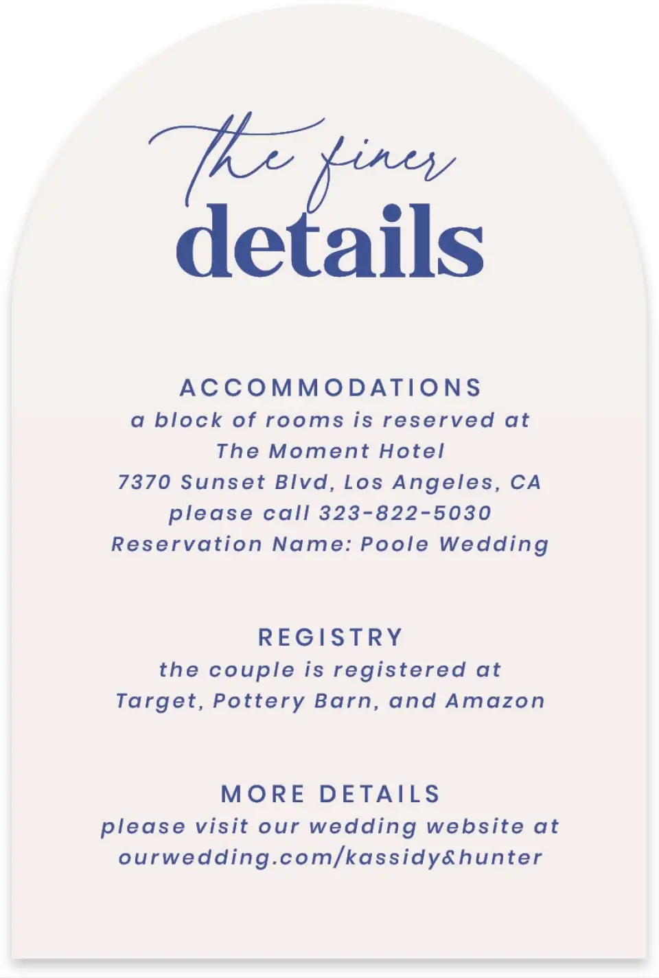 This is a 4" x 6" Wedding Invitation Enclosure Card called The Kassidy printed in full color on Luxe Satin paper